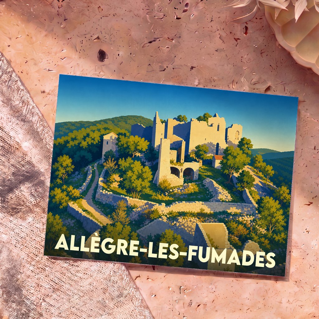 Carte postale souvenir de la ville d'Allègre-les-Fumades avec une illustration stylisée de son château en ruines.