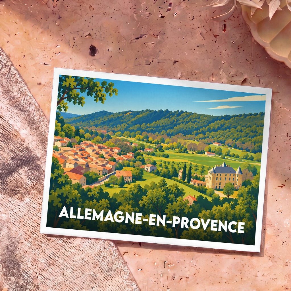 Carte postale souvenir de la ville d'Allemagne-en-Provence avec une illustration paysagère stylisée.