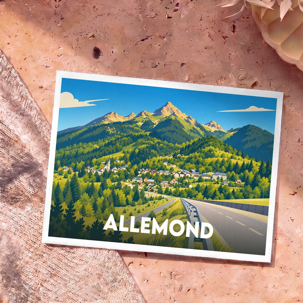 Carte postale souvenir de la ville d'Allemond avec une illustration stylisée de ses montagnes et de son village.