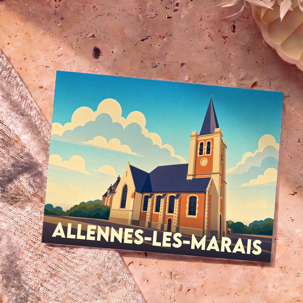 Carte postale souvenir de la ville d'Allennes-les-Marais avec une illustration stylisée de son église.