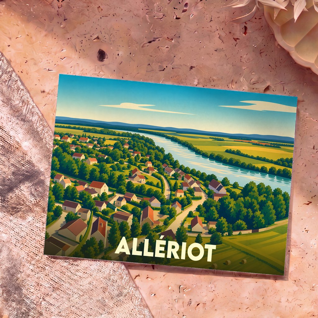 Carte postale souvenir de la ville d'Allériot avec une illustration stylisée d'un paysage de campagne bordant une rivière.