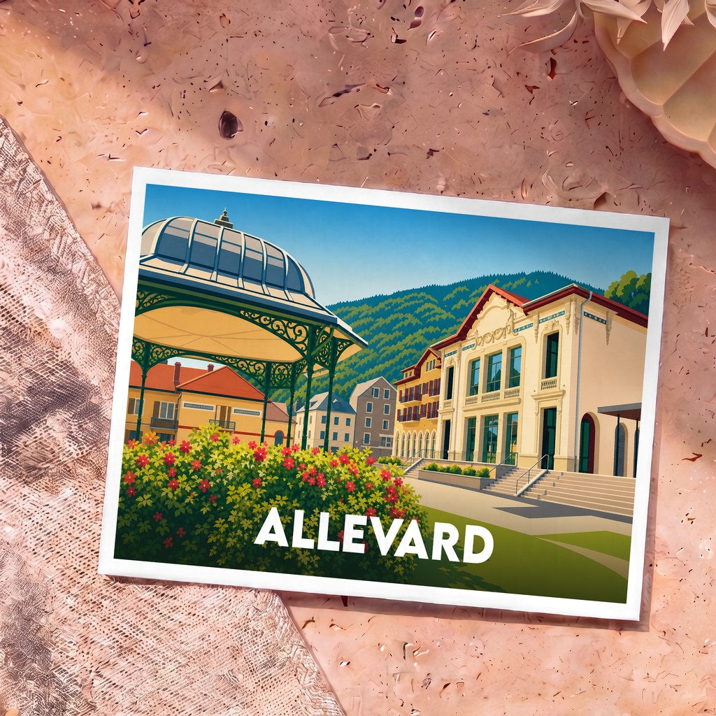 Carte postale souvenir de la ville d'Allevard arborant une illustration stylisée de son architecture et de ses montagnes.