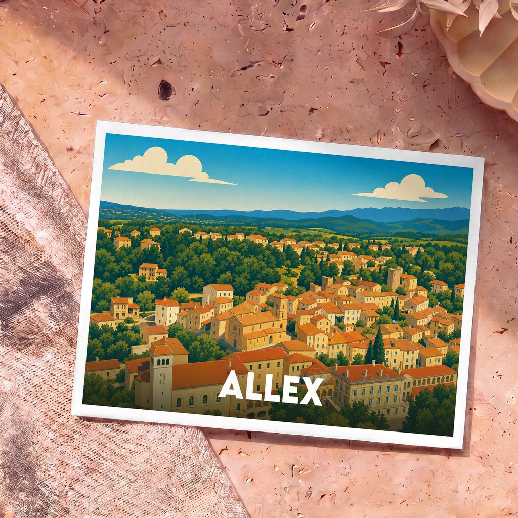 Carte postale souvenir de la ville d'Allex illustrée d'un panorama coloré et stylisé.