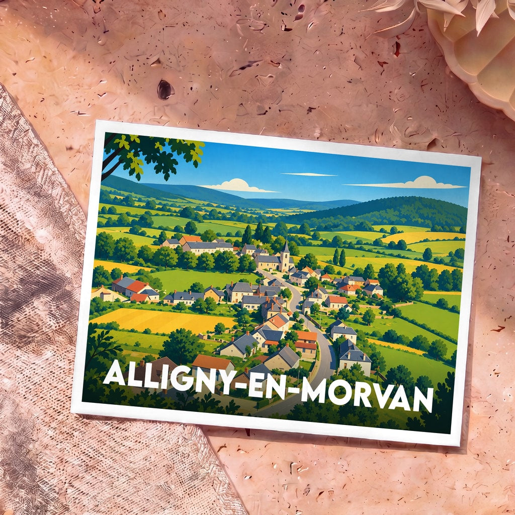 Carte postale souvenir de la ville d'Alligny-en-Morvan avec une illustration stylisée d'un village niché dans les collines verdoyantes.
