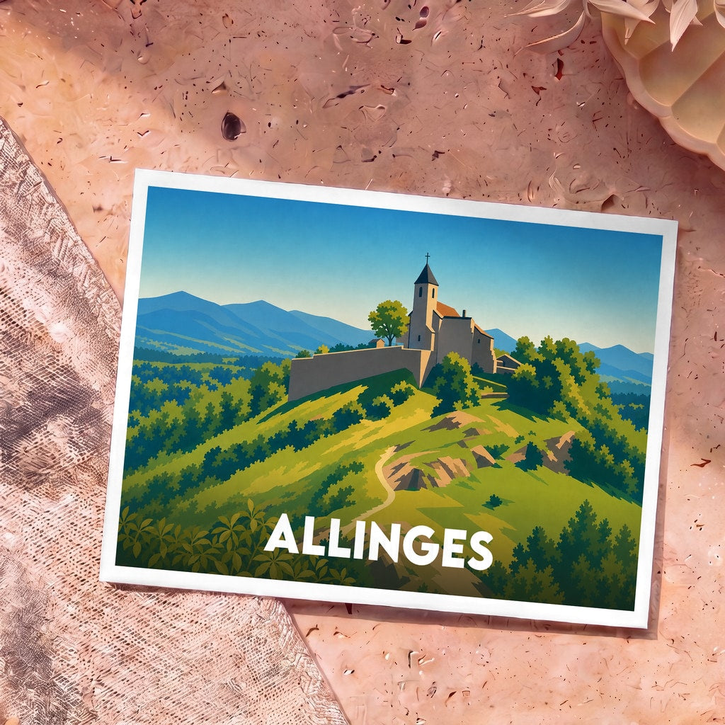 Carte postale souvenir de la ville d'Allinges avec une illustration stylisée des Châteaux d'Allinges surplombant les montagnes.