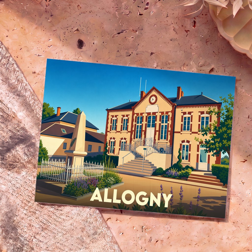 Carte postale souvenir de la ville d'Allogny avec une illustration stylisée de sa mairie et de son monument aux morts.