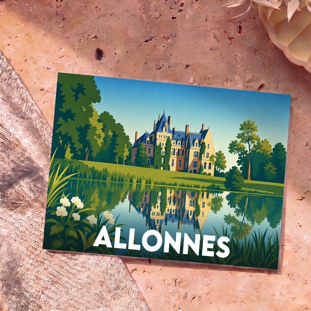 Carte postale souvenir de la ville d'Allonnes avec une illustration stylisée d'un château se reflétant dans l'eau.
