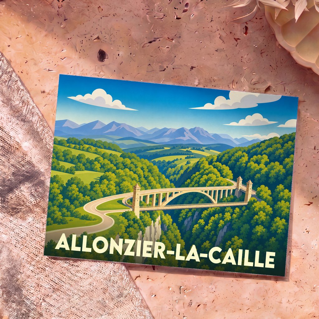 Carte postale souvenir de la ville d'Allonzier-la-Caille avec une illustration stylisée du pont de la Caille.