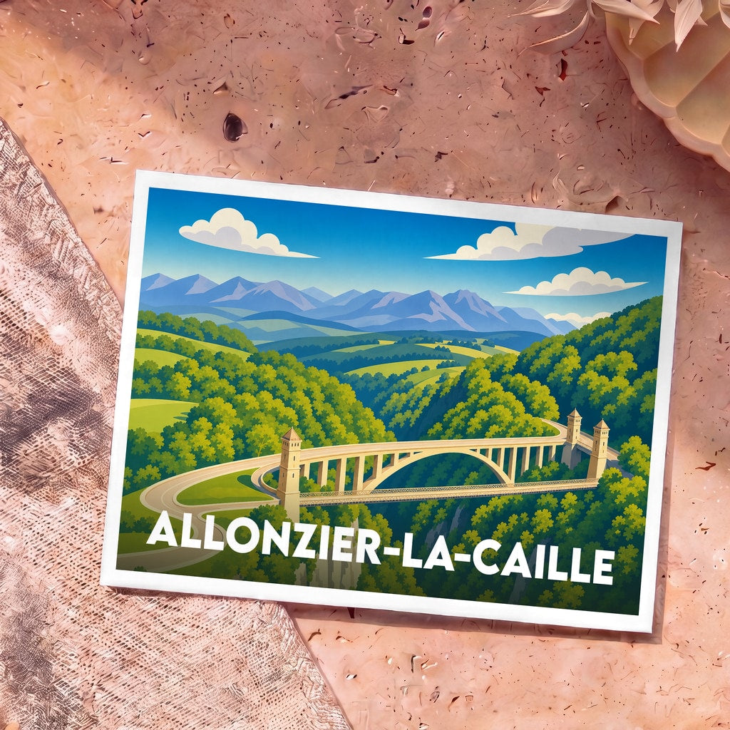 Carte postale souvenir de la ville d'Allonzier-la-Caille avec une illustration stylisée du pont de la Caille.