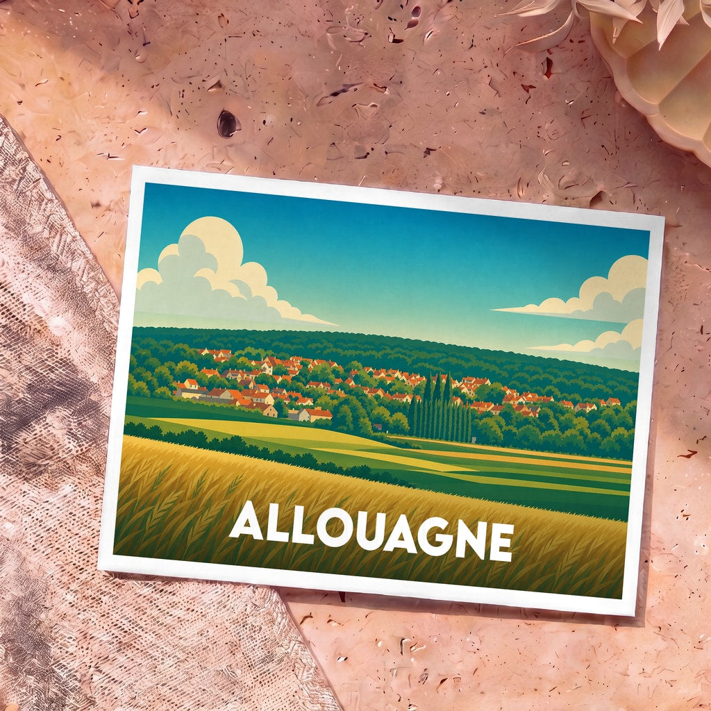 Carte postale souvenir de la ville d'Allouagne illustrant un paysage de campagne stylisé sous un ciel bleu.