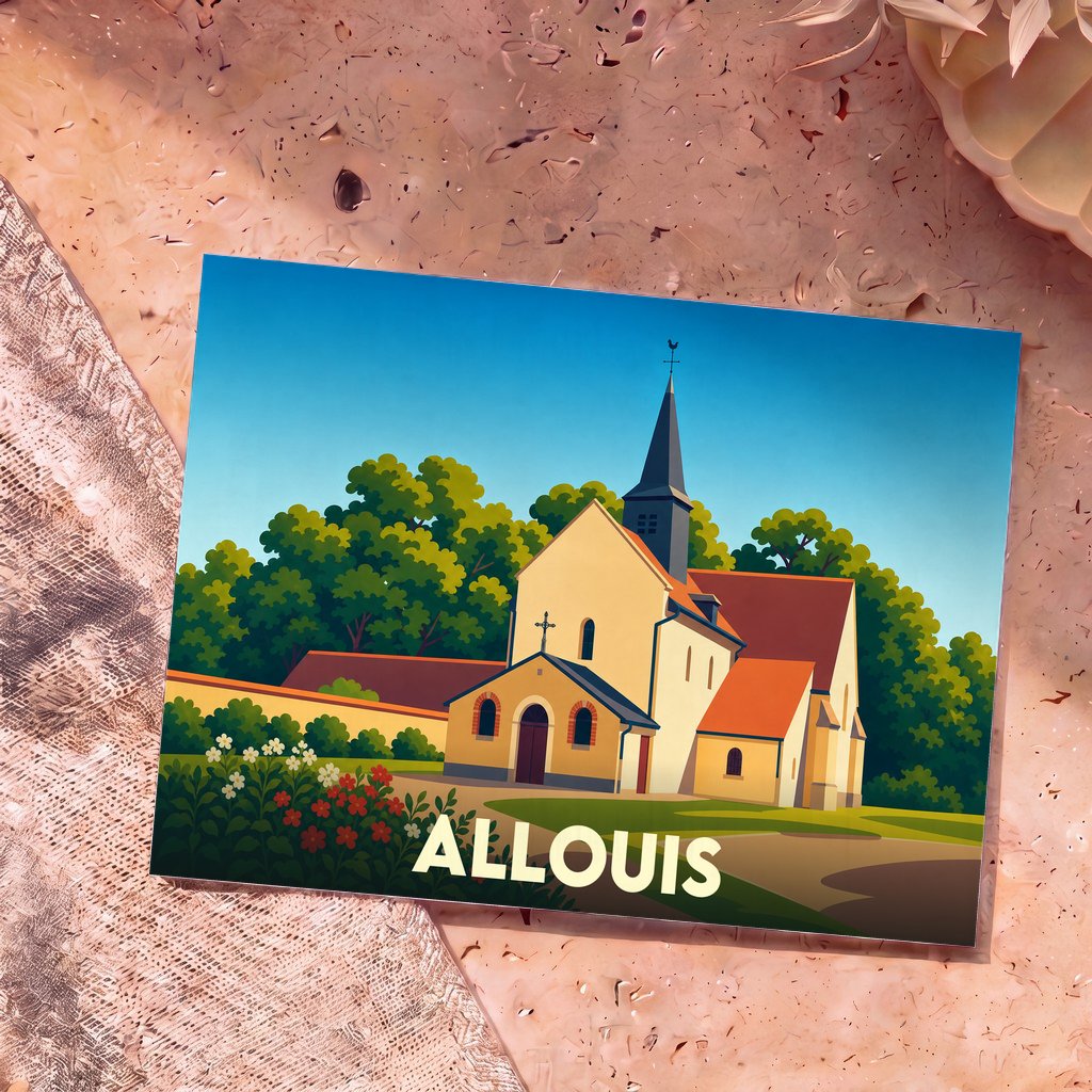 Carte postale souvenir de la ville d'Allouis avec une illustration stylisée de son église.