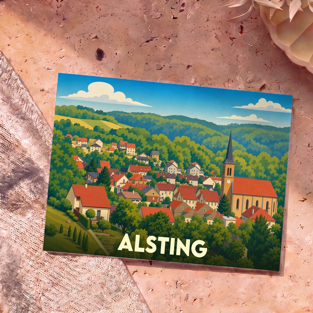 Carte postale souvenir de la ville de Alsting avec une illustration stylisée et colorée.