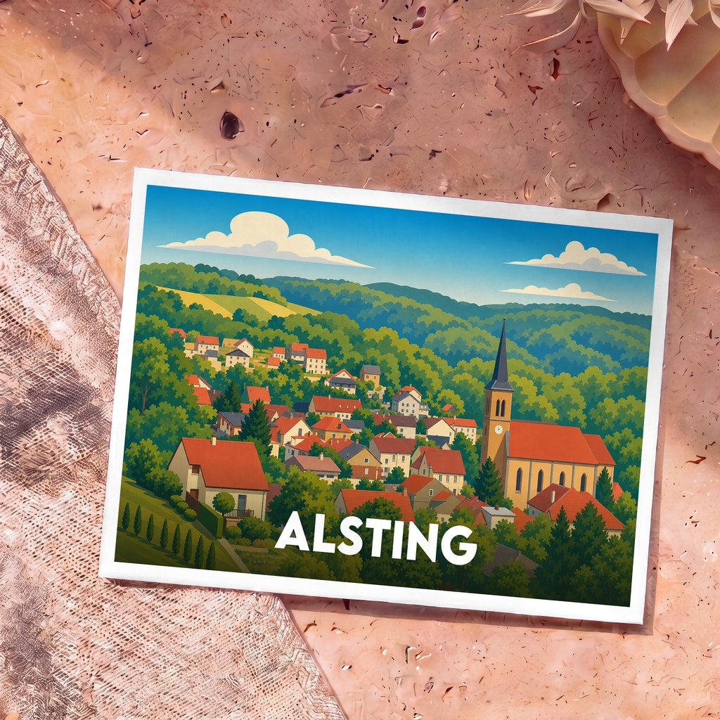 Carte postale souvenir de la ville d'Alsting avec une illustration stylisée d'un village vallonné.