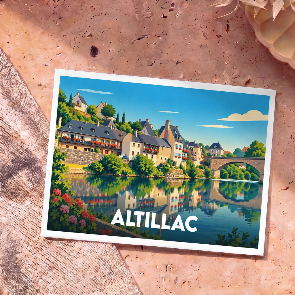 Carte postale souvenir de la ville d'Altillac avec une illustration stylisée d'un village en bord de rivière.