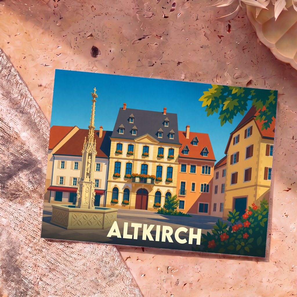 Carte postale souvenir de la ville d'Altkirch avec une illustration stylisée d'une place historique.