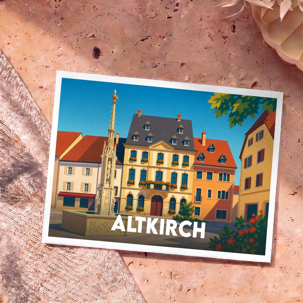 Carte postale souvenir de la ville d'Altkirch avec une illustration stylisée d'une place historique.