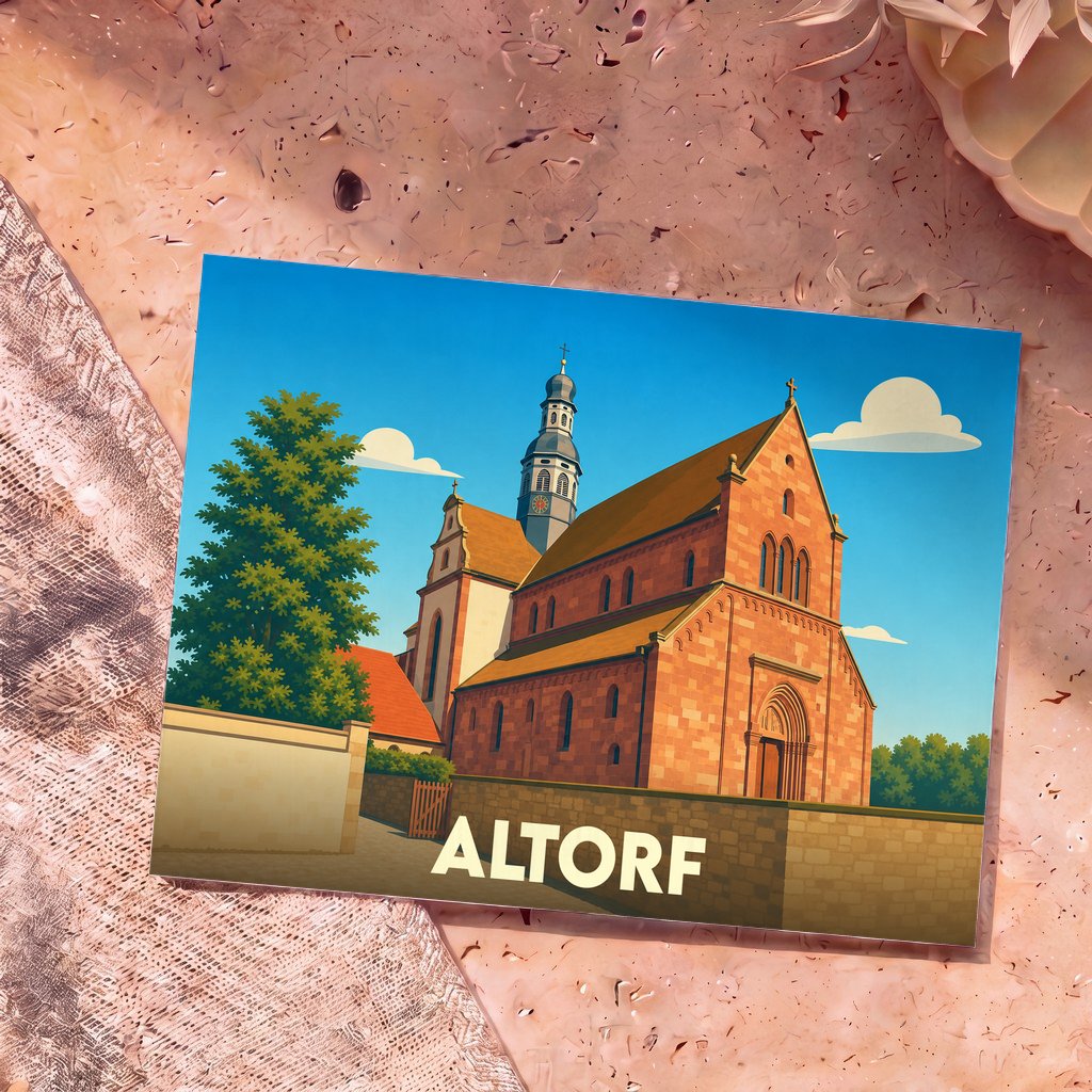 Carte postale souvenir de la ville d'Altorf illustrant son église abbatiale dans un style graphique épuré.