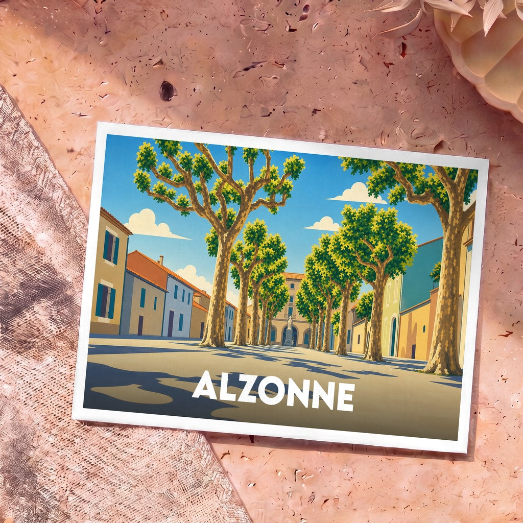 Carte postale souvenir de la ville d'Alzonne avec une illustration stylisée d'une rue bordée de platanes.
