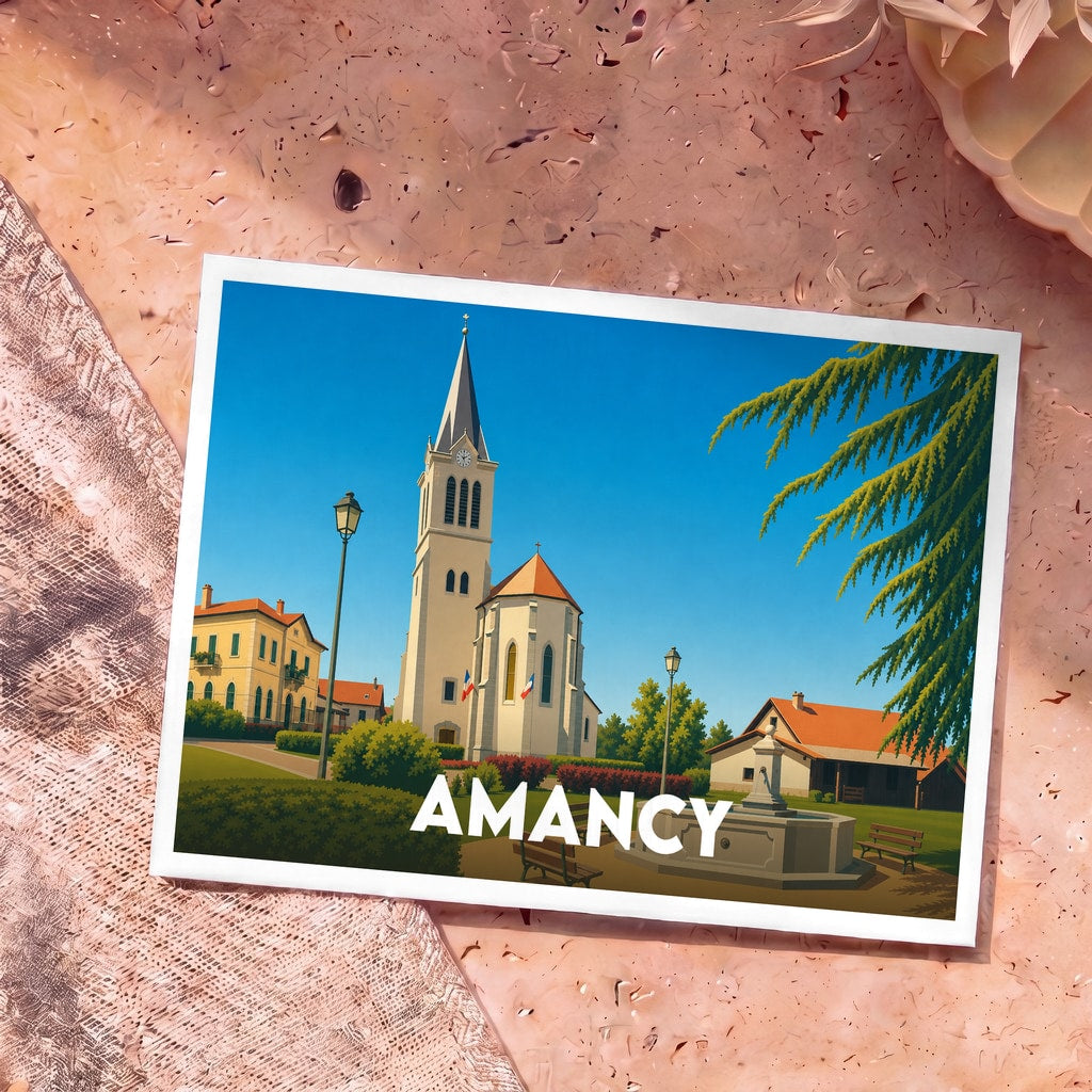 Carte postale souvenir de la ville d'Amancy avec une illustration stylisée de son église et de sa place.