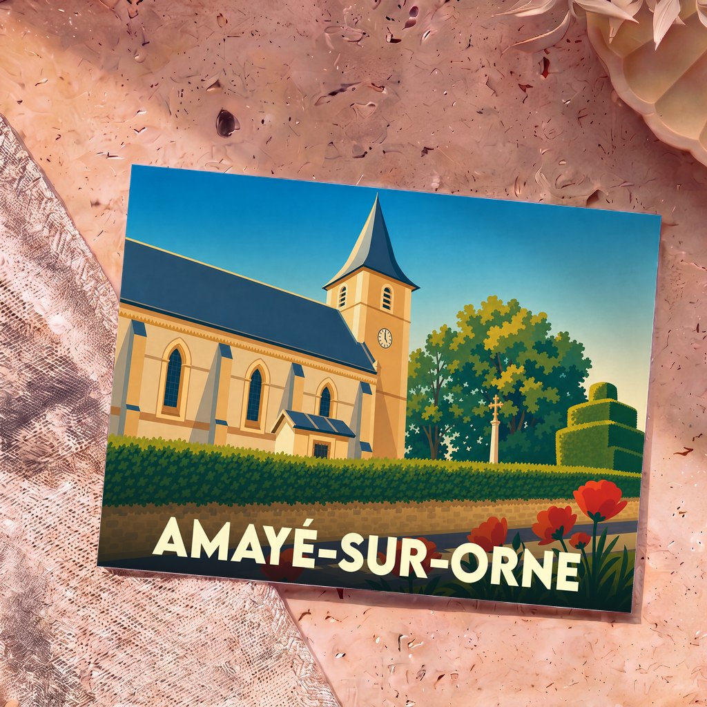 Carte postale souvenir de la ville de Amayé-sur-Orne avec une illustration stylisée de son église et de ses jardins.