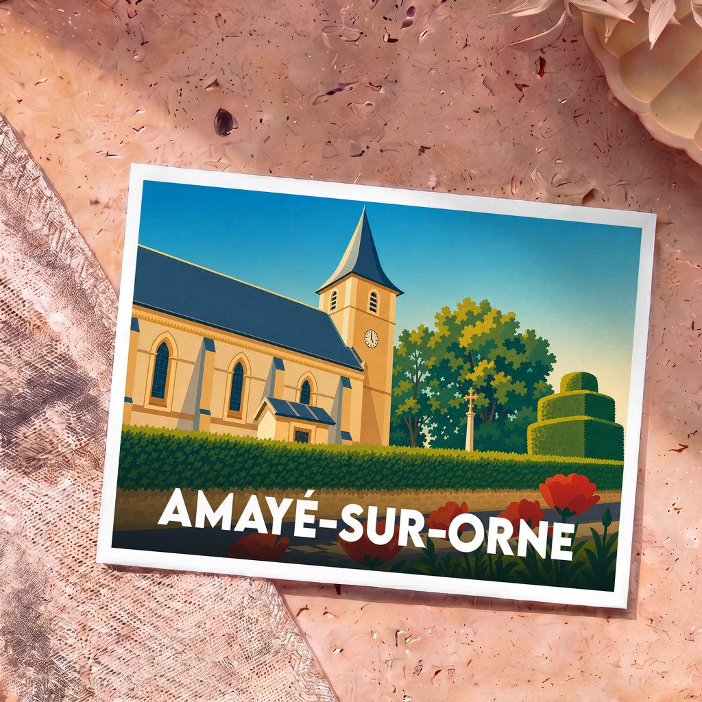 Carte postale souvenir de la ville de Amayé-sur-Orne avec une illustration stylisée de son église et de ses jardins.
