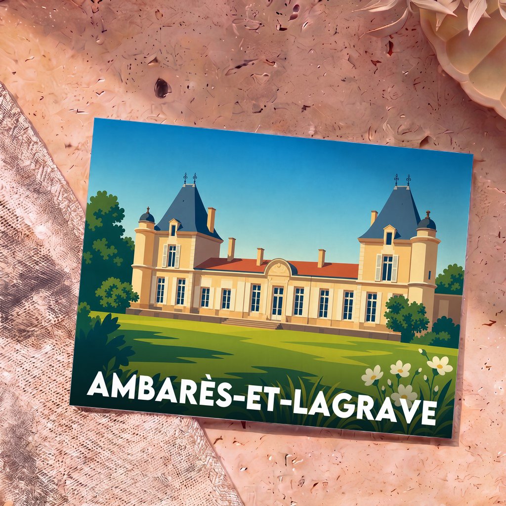 Carte postale souvenir de la ville d'Ambarès-et-Lagrave illustrant un château stylisé.