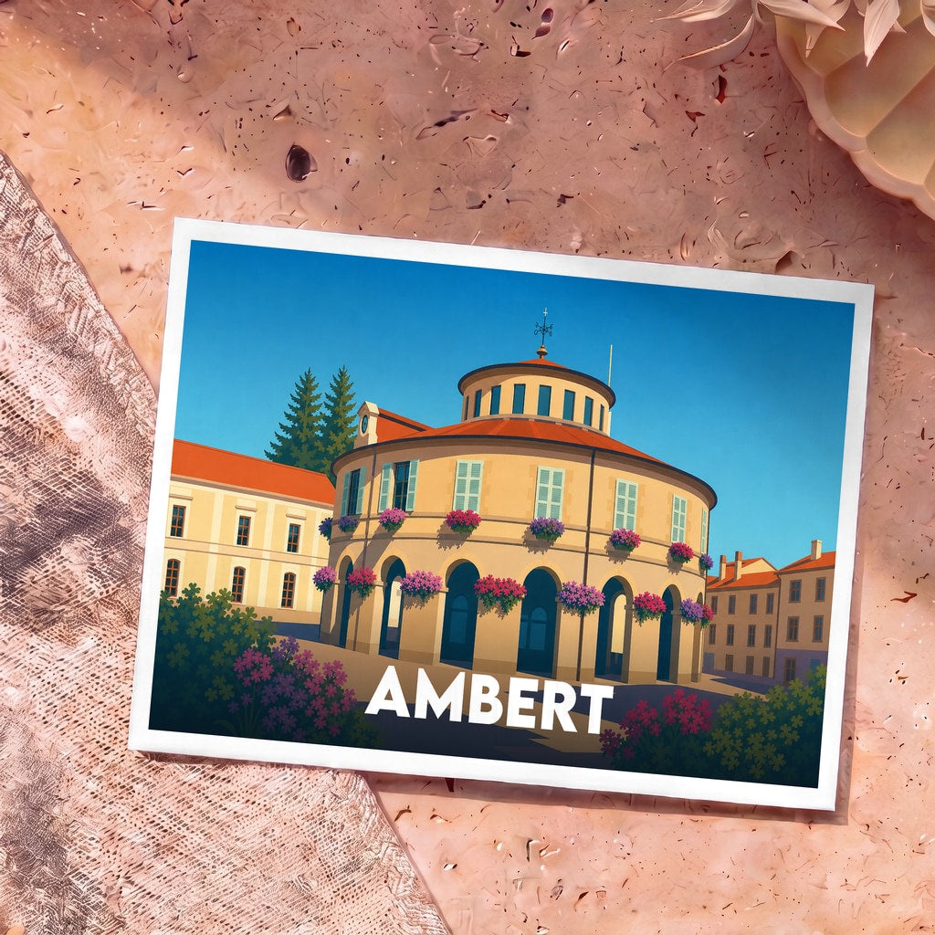 Carte postale souvenir de la ville d'Ambert avec une illustration stylisée de sa mairie ronde.