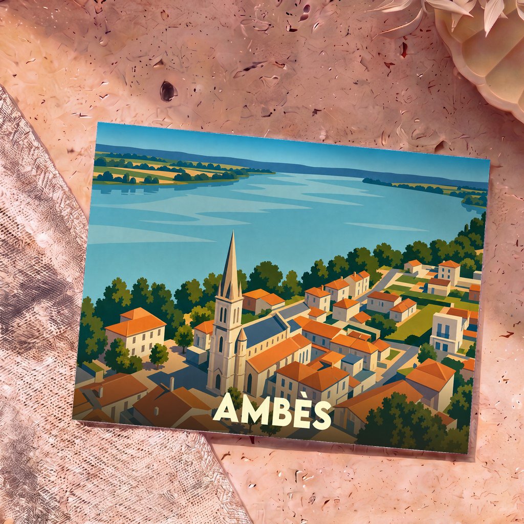 Carte postale souvenir de la ville d'Ambès avec une illustration stylisée de son église en bord de fleuve.