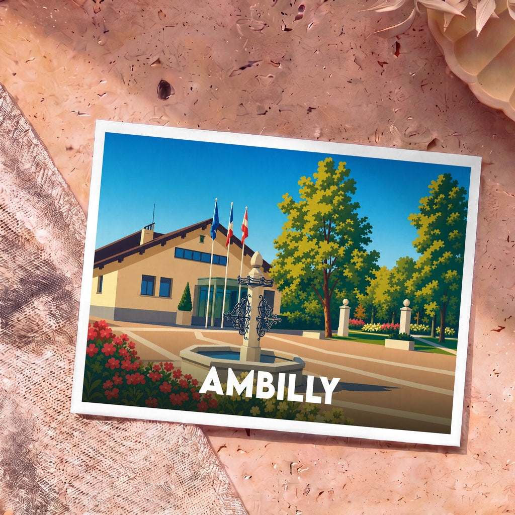 Carte postale souvenir de la ville d'Ambilly avec une illustration stylisée de sa mairie et d'une fontaine.