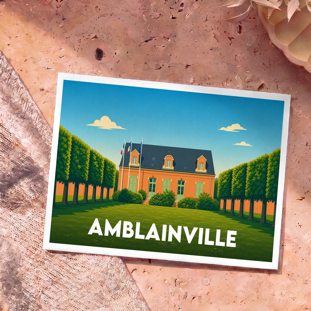 Carte postale souvenir de la ville d'Amblainville avec une illustration stylisée d'un bâtiment historique et de ses jardins.