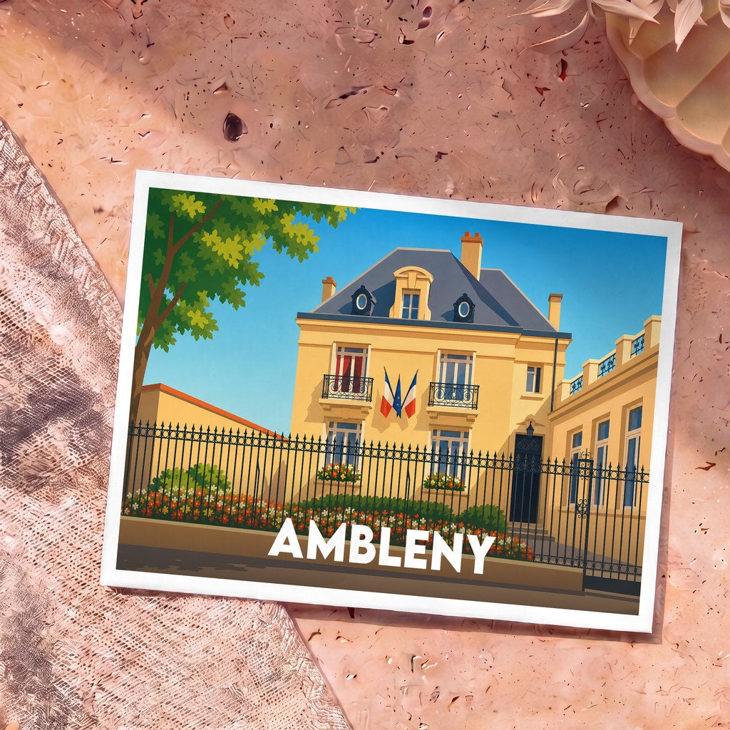 Carte postale souvenir de la ville d'Ambleny avec une illustration stylisée de sa mairie.