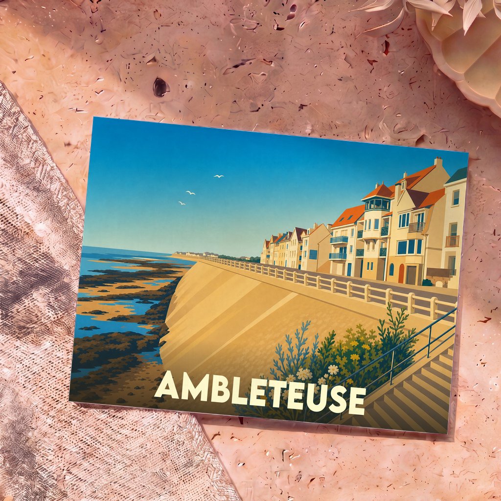 Carte postale souvenir de la ville d'Ambleteuse avec une illustration stylisée de son front de mer et de ses maisons colorées.