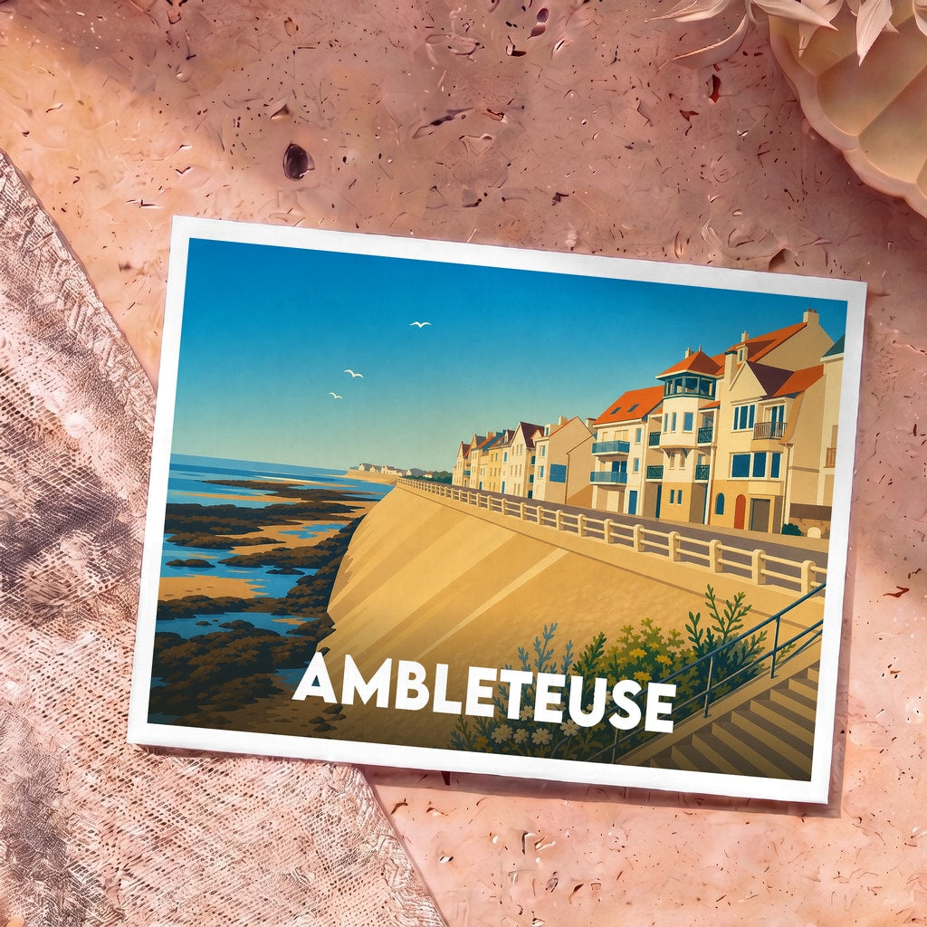 Carte postale souvenir de la ville d'Ambleteuse avec une illustration stylisée de son front de mer et de ses maisons colorées.