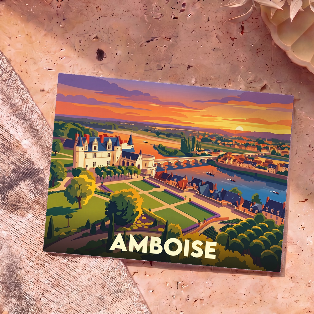 Carte postale souvenir de la ville d'Amboise illustrant son château et la Loire dans un style graphique coloré.