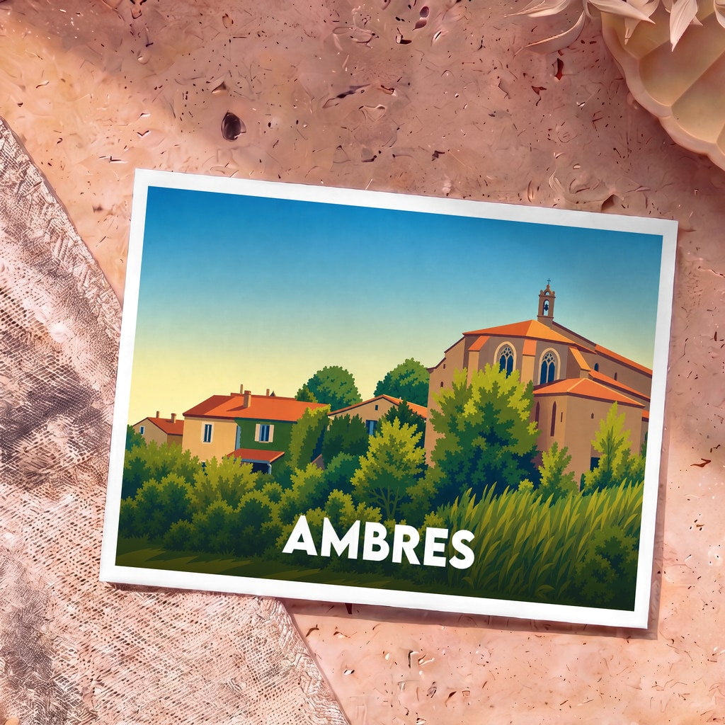 Carte postale souvenir de la ville d'Ambres avec une illustration stylisée de son église et de ses maisons.