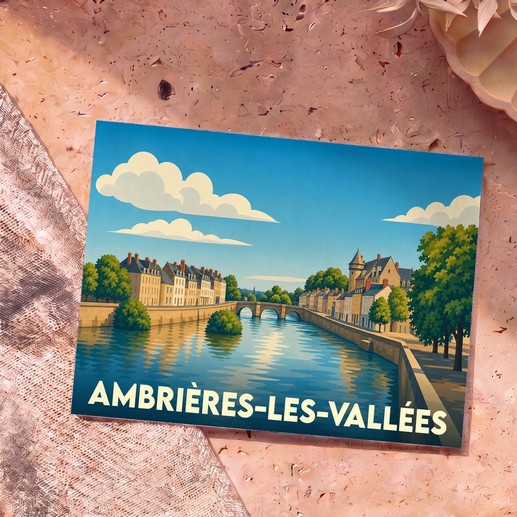 Carte postale souvenir de la ville d'Ambrières-les-Vallées avec une illustration stylisée de ses quais et de son pont.