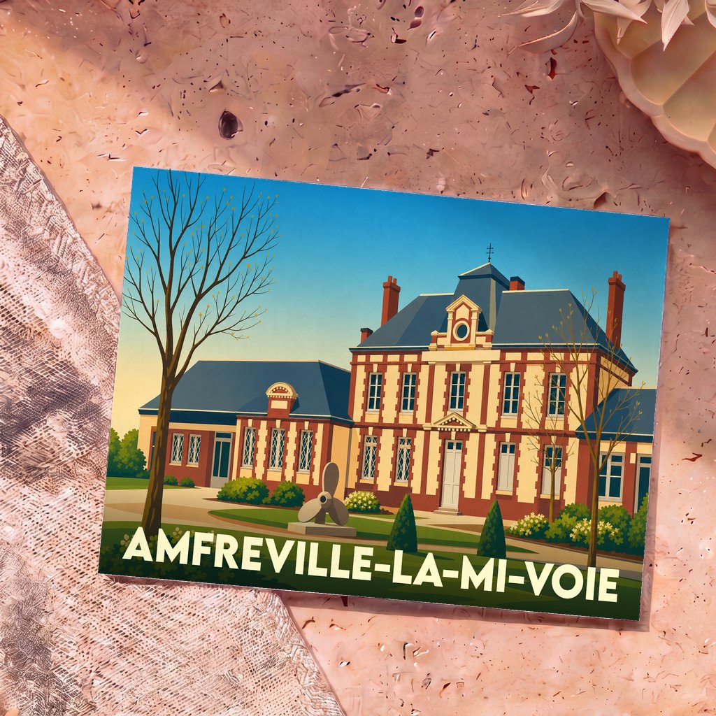 Carte postale souvenir de la ville d'Amfreville-la-Mi-Voie avec une illustration stylisée de sa mairie.