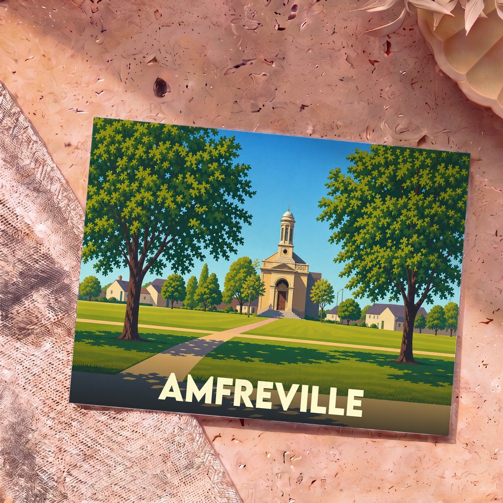 Carte postale souvenir de la ville d'Amfreville avec une illustration stylisée d'une église entourée de verdure.