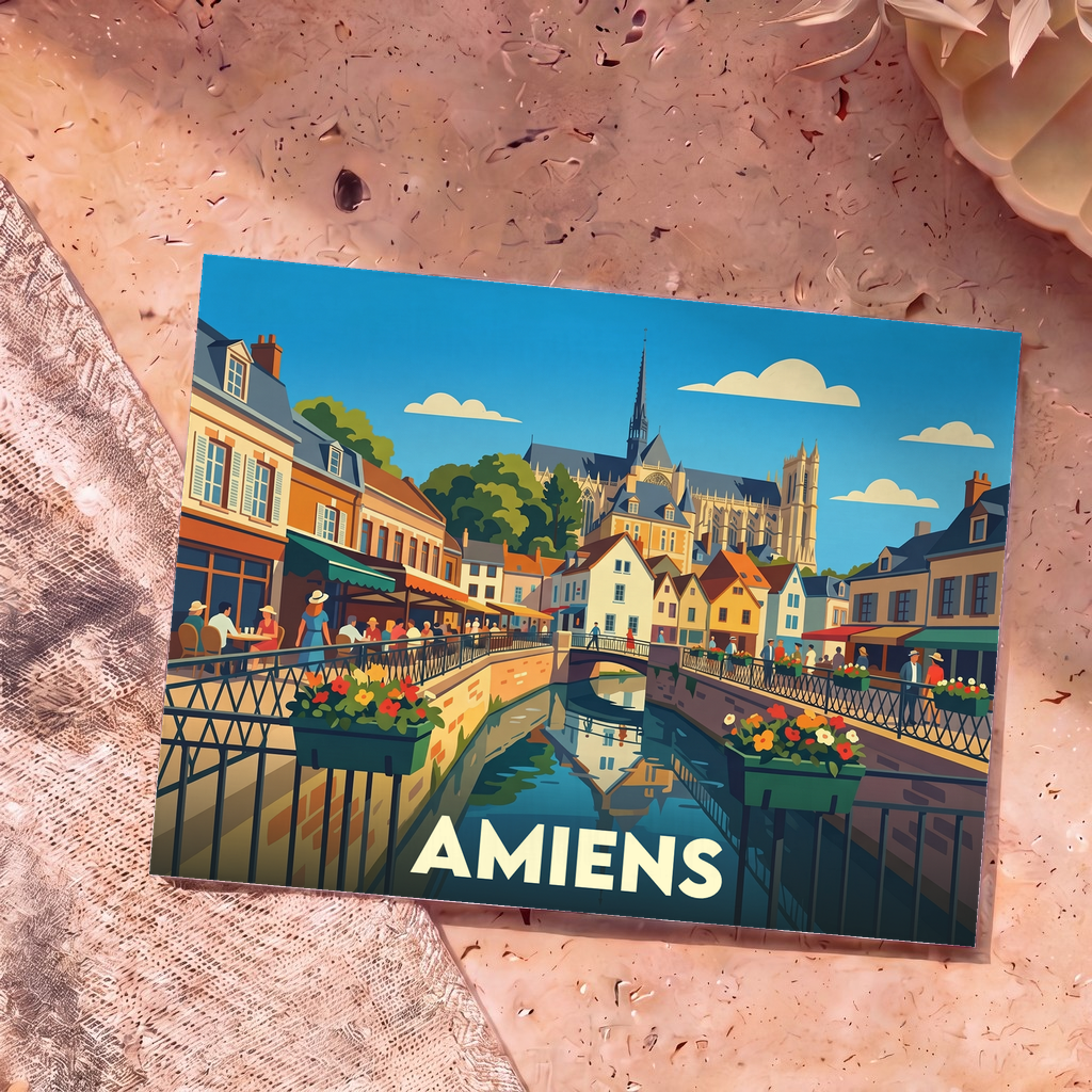 Carte postale souvenir de la ville d'Amiens avec une illustration stylisée de son canal et de sa cathédrale.