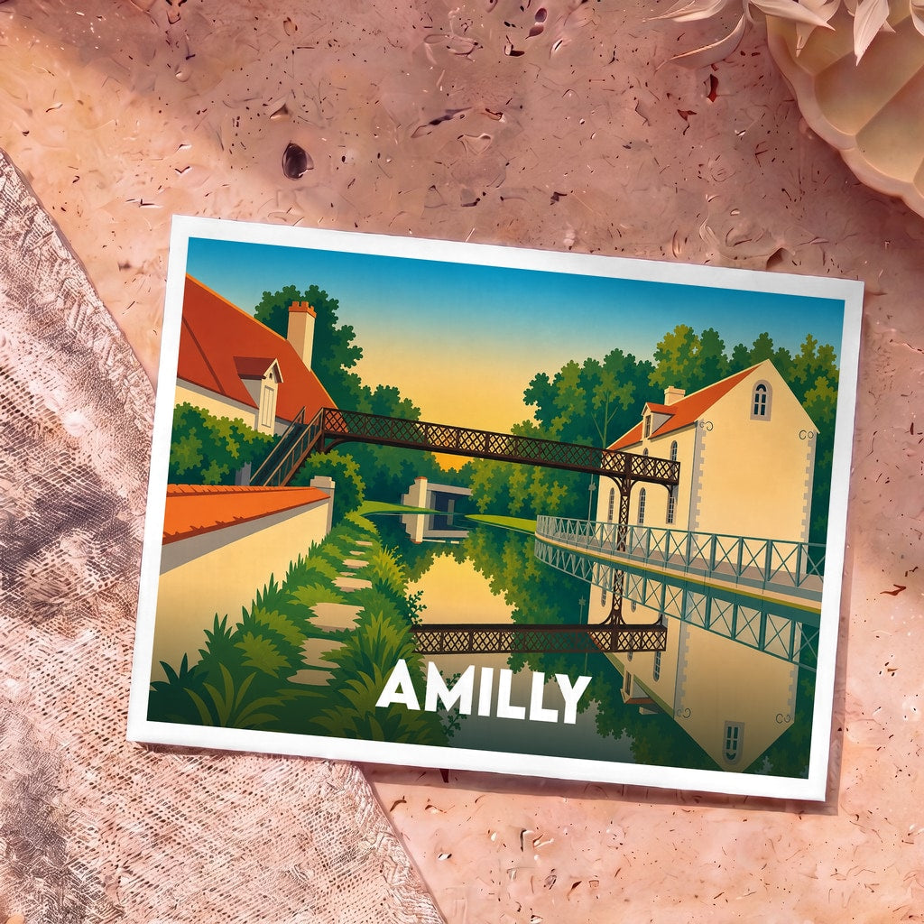 Carte postale souvenir de la ville d'Amilly illustrant un canal et une passerelle dans un style graphique épuré.