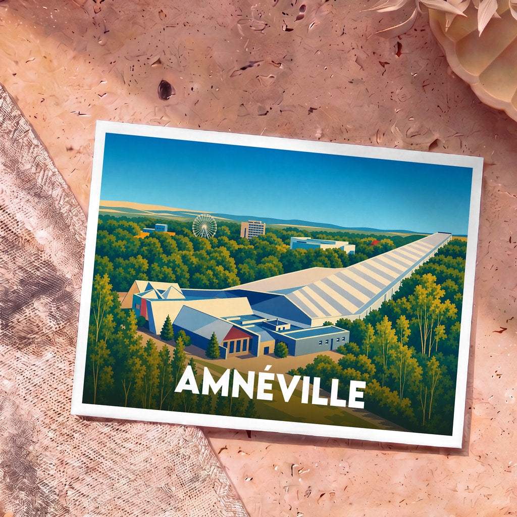 Carte postale souvenir de la ville d'Amnéville avec une illustration stylisée de ses sites emblématiques en pleine forêt.