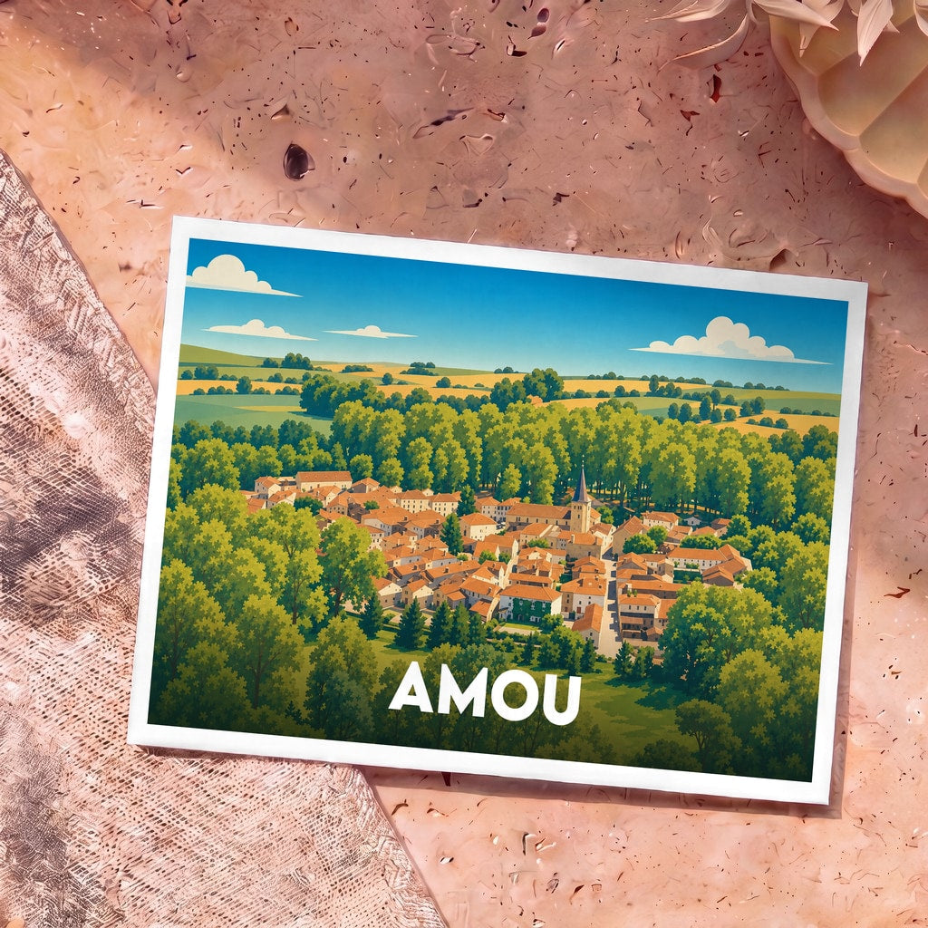 Carte postale souvenir de la ville d'Amou avec une illustration stylisée d'un village niché dans une forêt verdoyante.