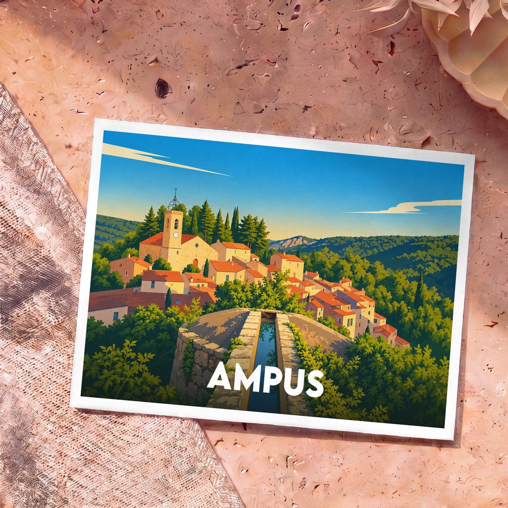 Carte postale souvenir de la ville d'Ampus avec une illustration stylisée.