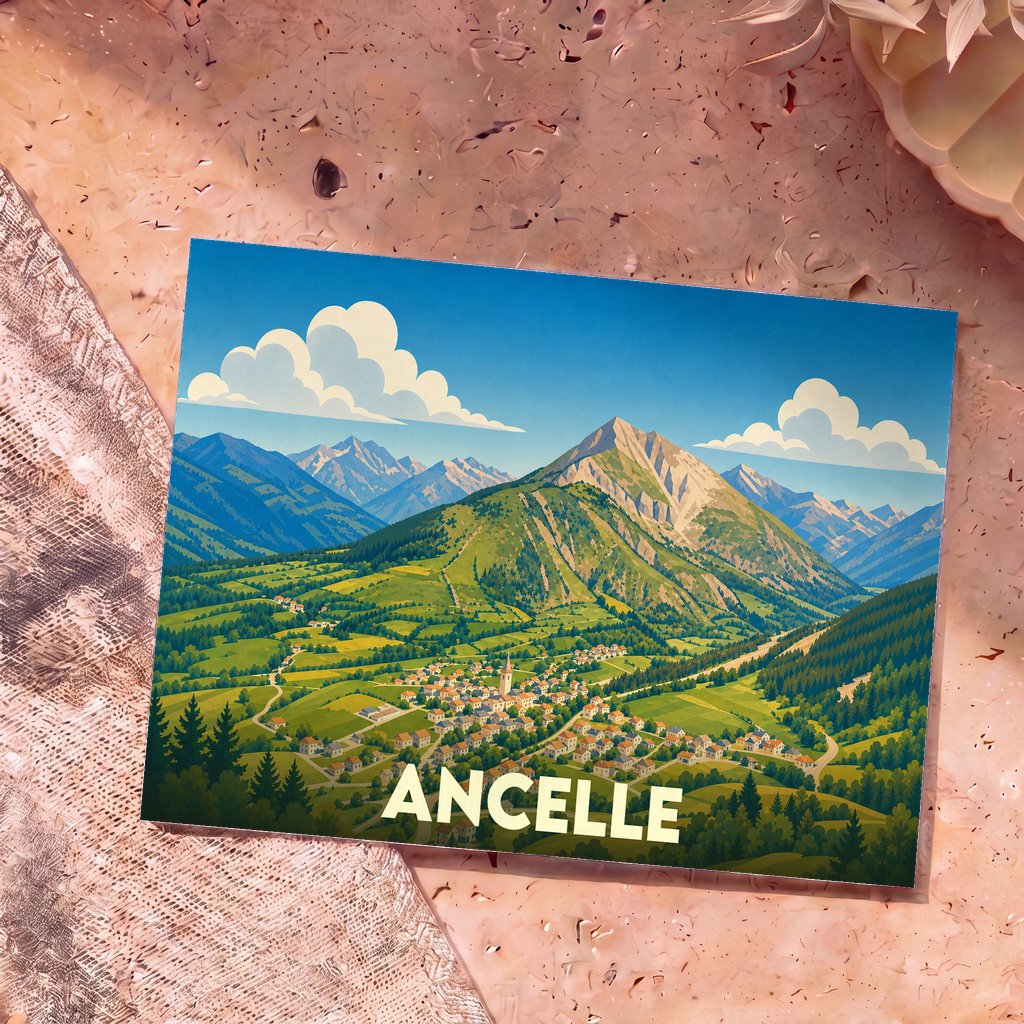 Carte postale souvenir de la ville d'Ancelle avec une illustration stylisée d'un village de montagne.