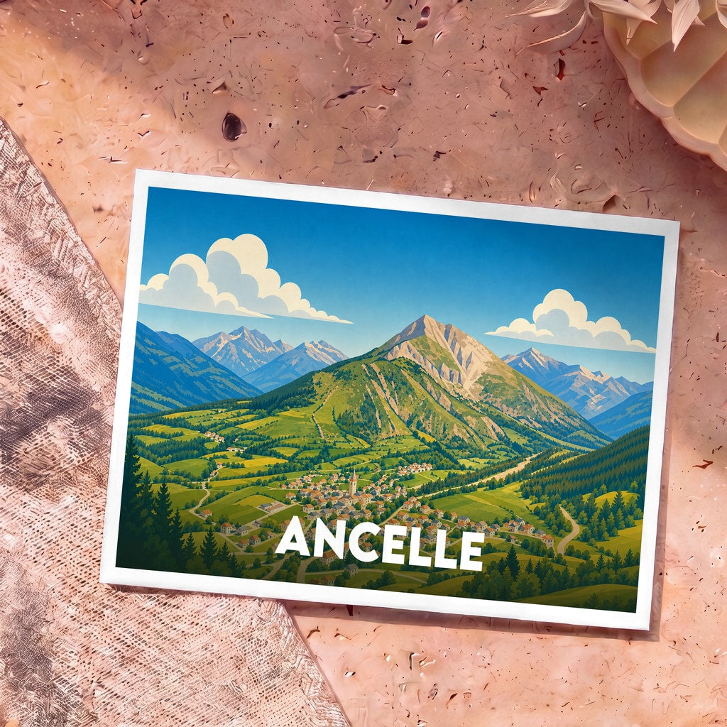 Carte postale souvenir de la ville d'Ancelle avec une illustration stylisée d'un village de montagne.
