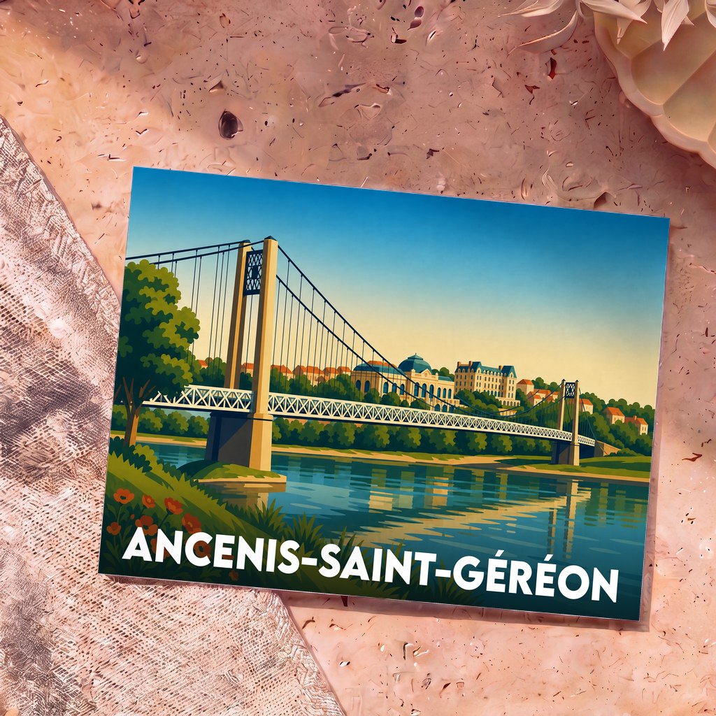 Carte postale souvenir de la ville d'Ancenis-Saint-Géréon illustrant son célèbre pont suspendu sur la Loire.