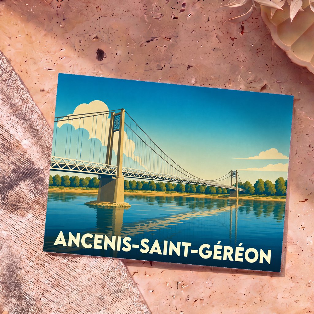 Carte postale souvenir de la ville d'Ancenis-Saint-Géréon illustrant son pont suspendu enjambant la Loire.