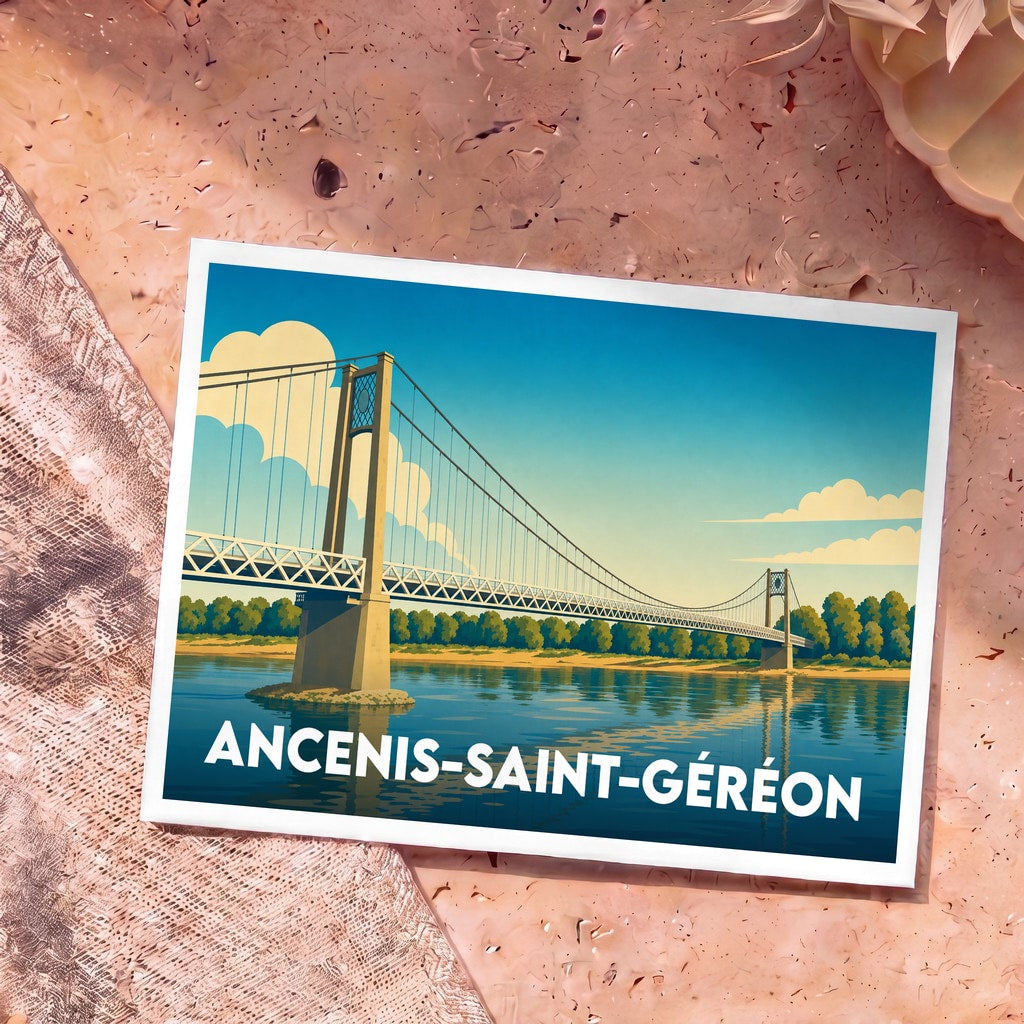 Carte postale souvenir de la ville d'Ancenis-Saint-Géréon illustrant son pont suspendu enjambant la Loire.