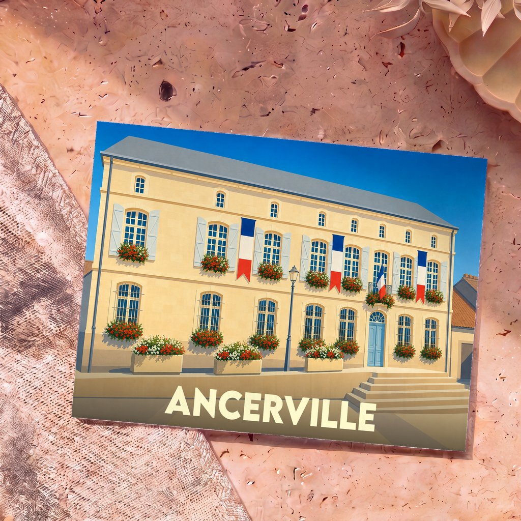 Carte postale souvenir d'Ancerville arborant une illustration stylisée de la mairie pavoisée de drapeaux français.