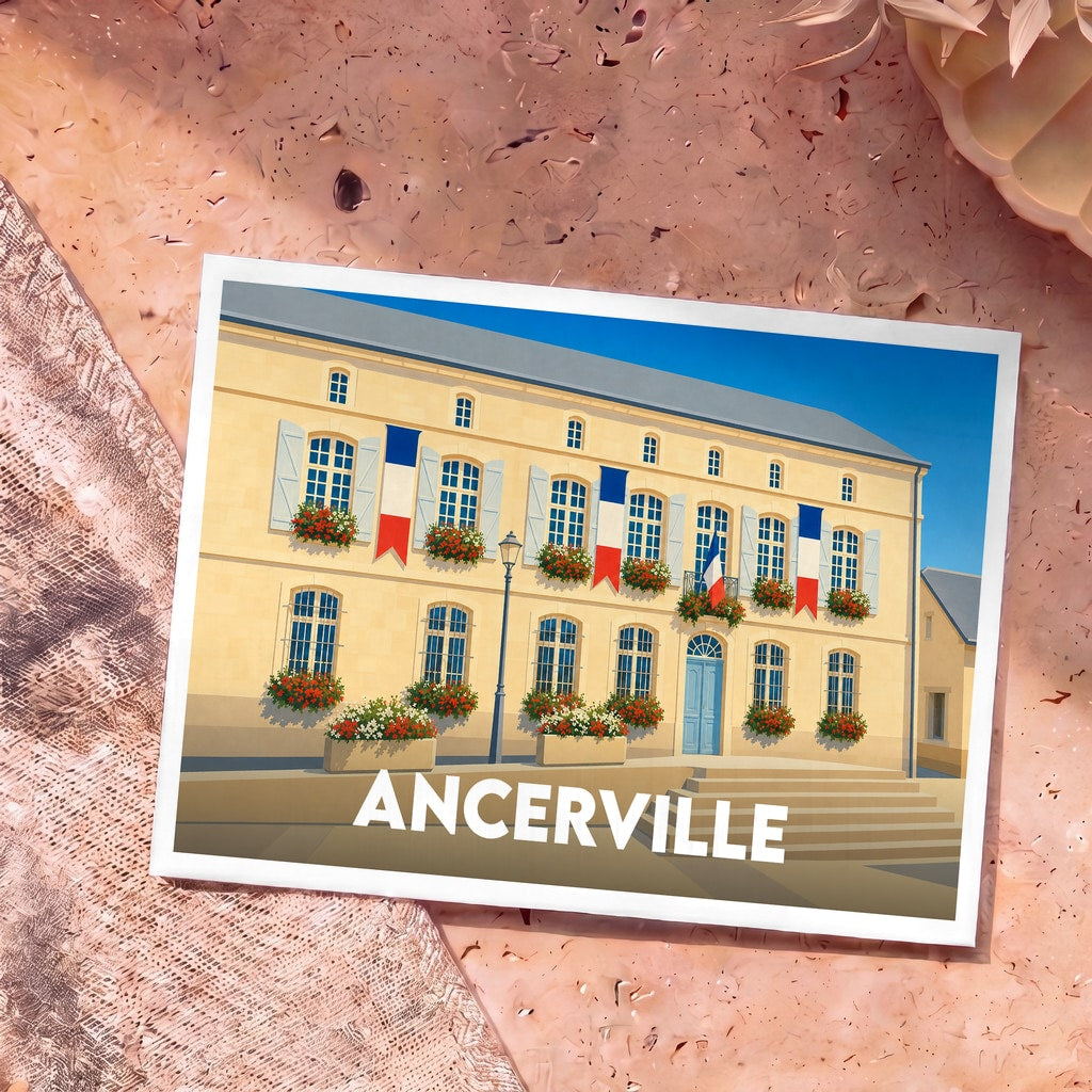 Carte postale souvenir d'Ancerville arborant une illustration stylisée de la mairie pavoisée de drapeaux français.